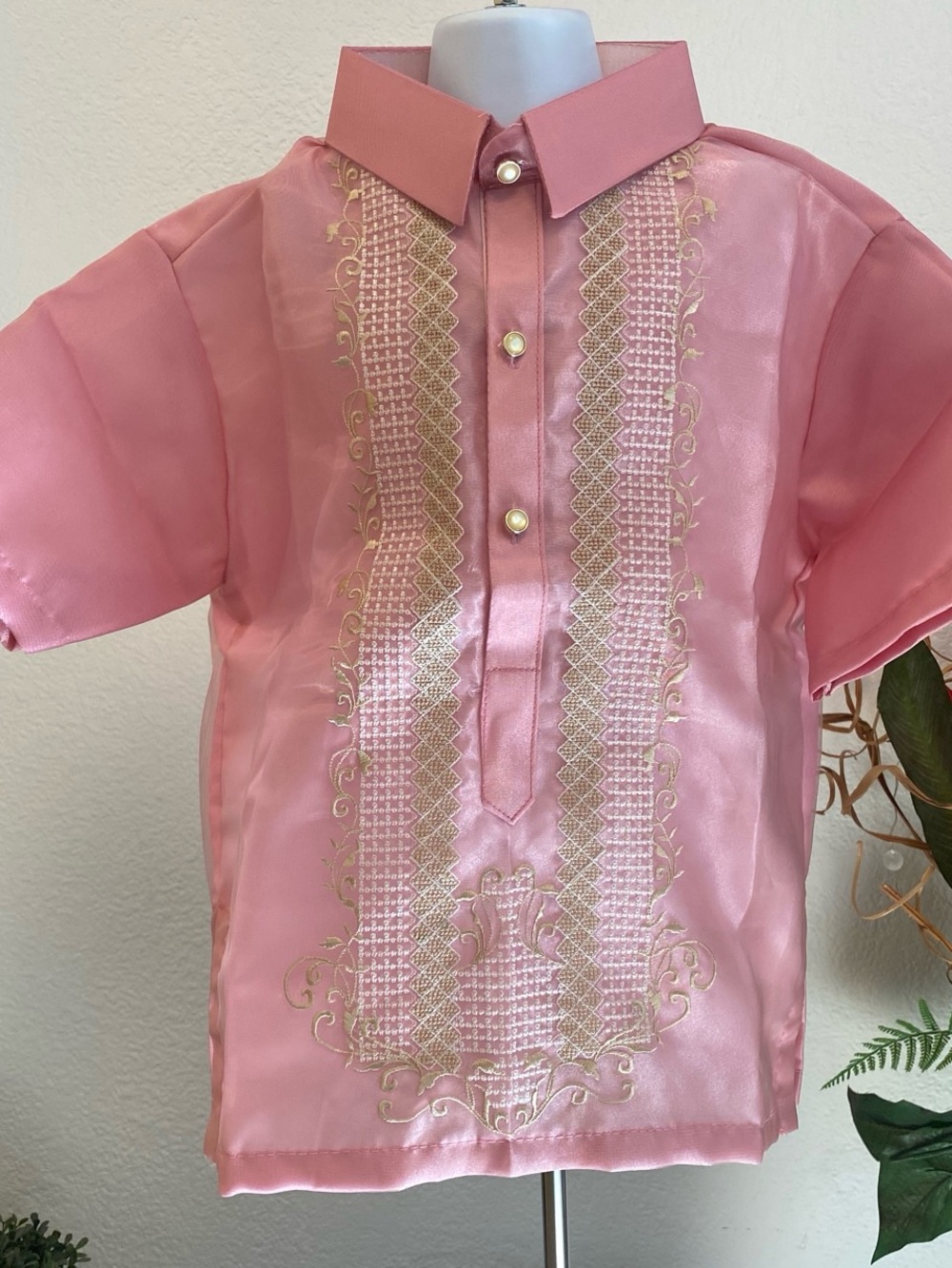 Pink Traditional Embroidered Kids Barong Tagalog with Embroidery Design